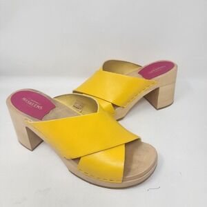 Swedish Hasbeens Annette Wooden Clog Sandals Women's 9.5 Yellow Leather Upper